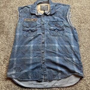 Affliction Shirt Mens XL Black Premium Sleeveless Plaid Denim Button Up